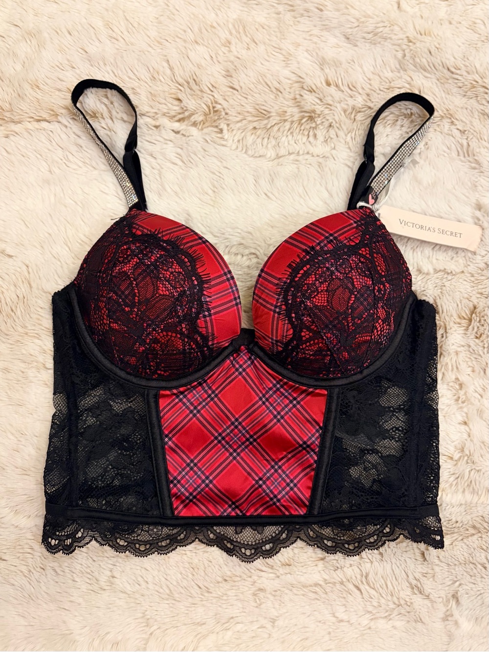 ❤️ NWT Victorias Secret Bombshell Satin Bustier Corset Bra Top Plaid Coquette